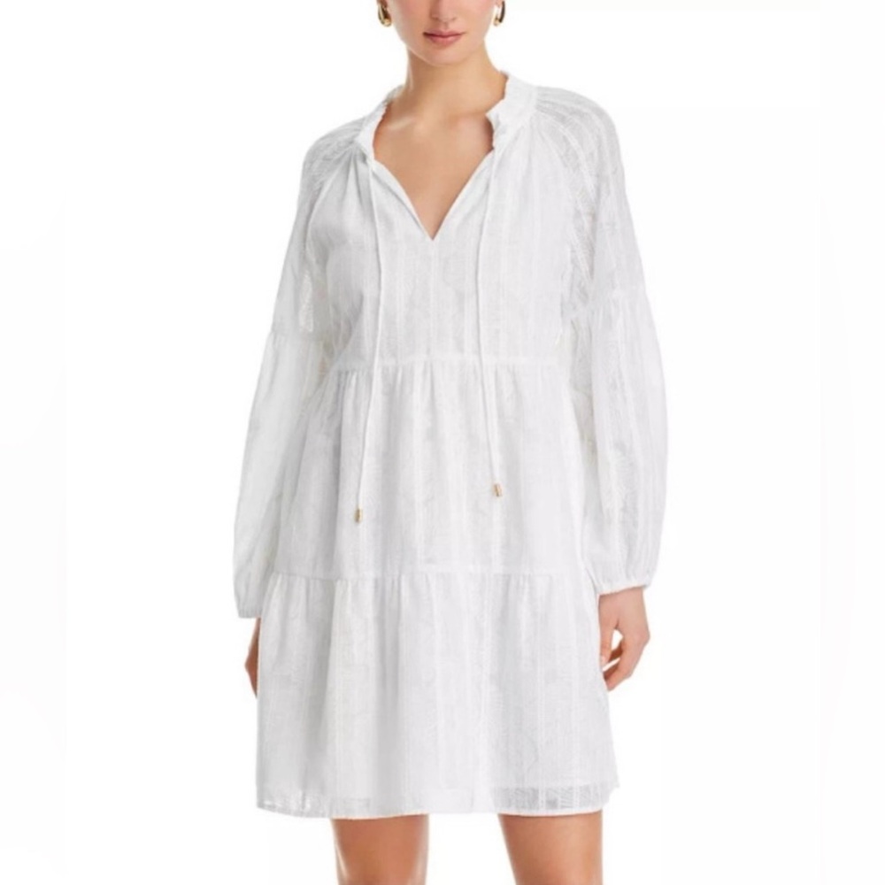 NWT- Tommy Bahama “Illusion Frond LS Short Dress” -Tiered Mini Dress - White - L